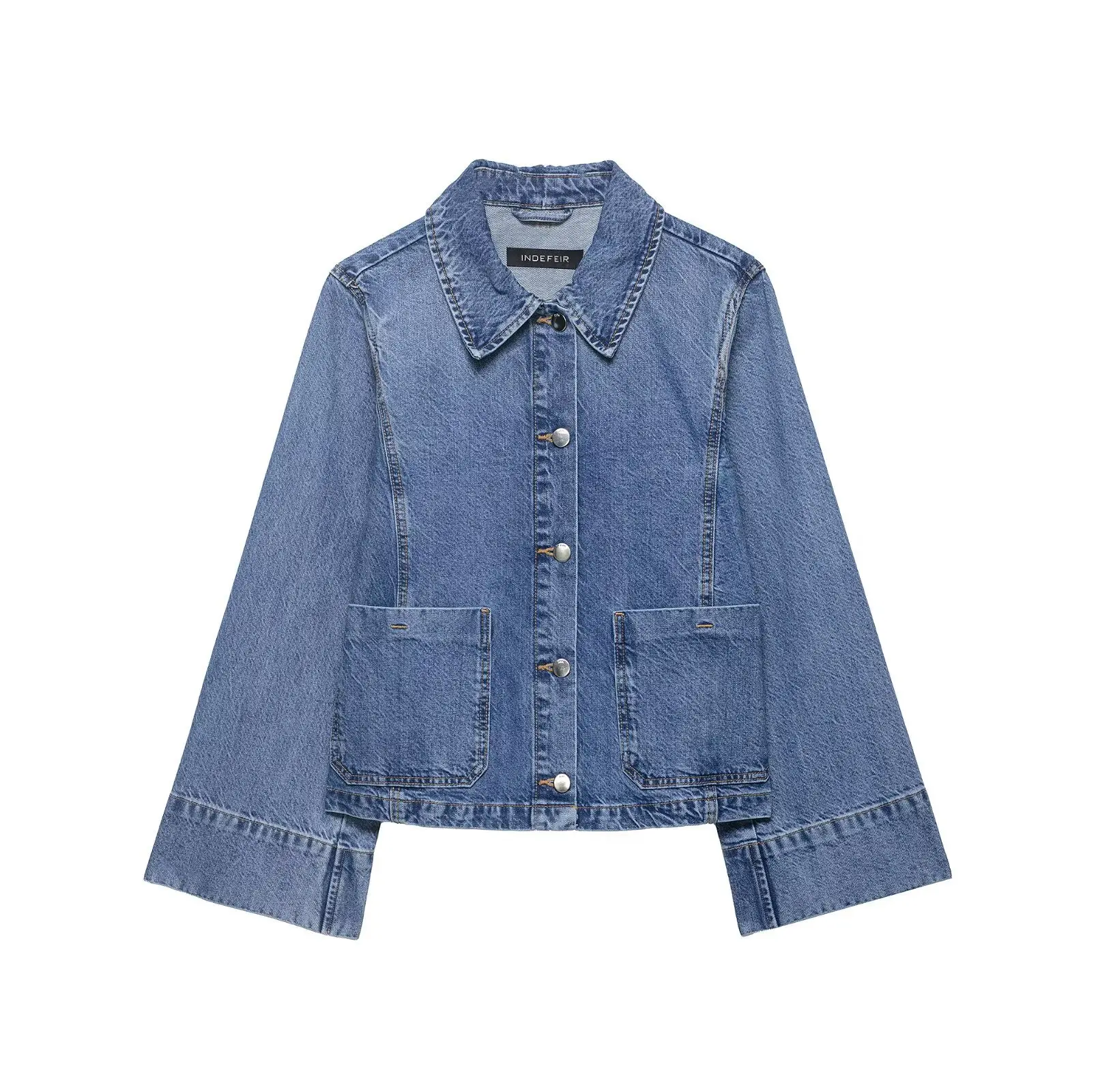 

Women Blue Denim Jacket Vintage Long Sleeve Jean Coat Single Breasted Outwear with Pockets Loose Casual Tops Female Clothing