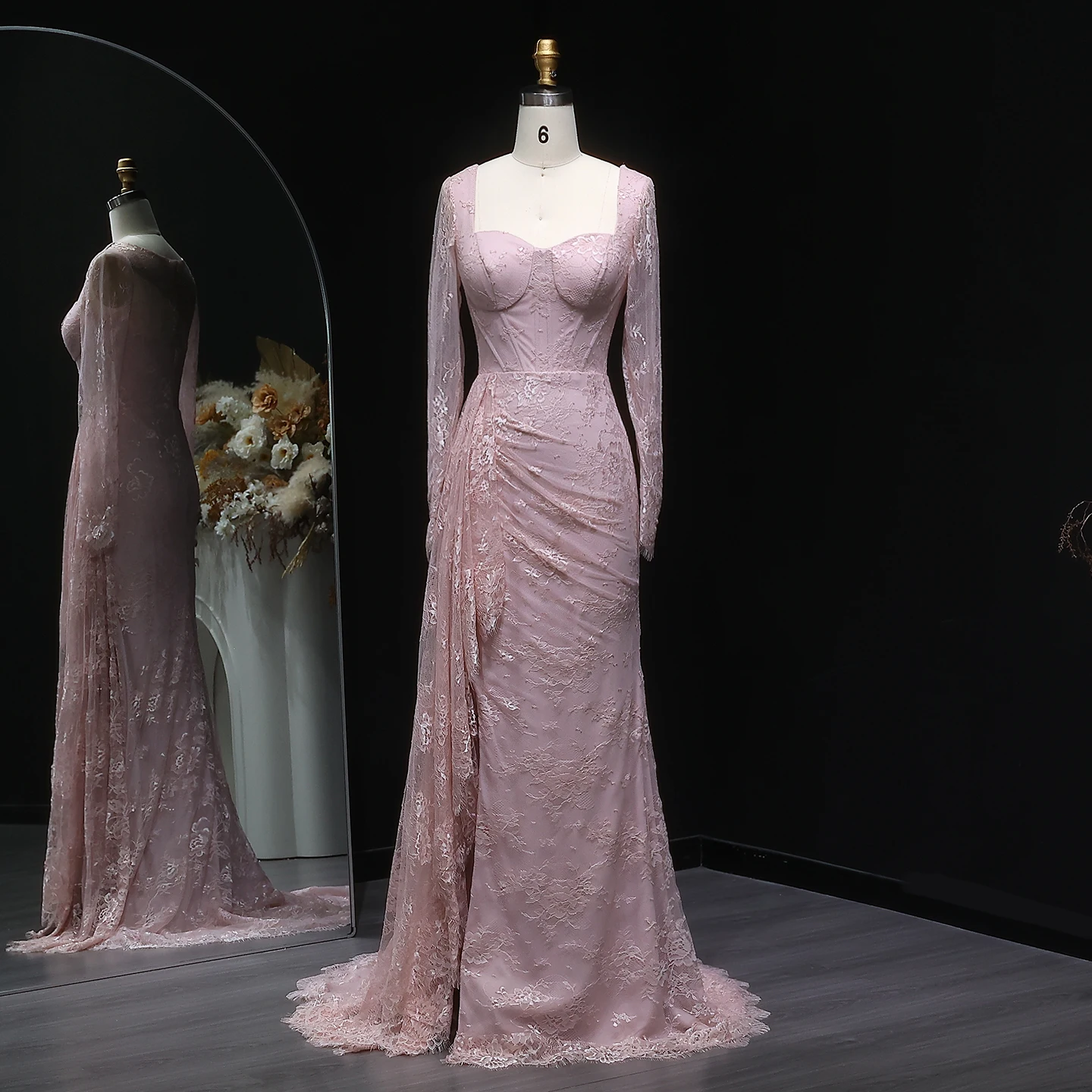 

Sharon Said Dubai Pink Lace Pleated فساتين سهرة с длинными рукавами и боковым разрезом Женские свадебные платья SF075 по индивидуальному заказу