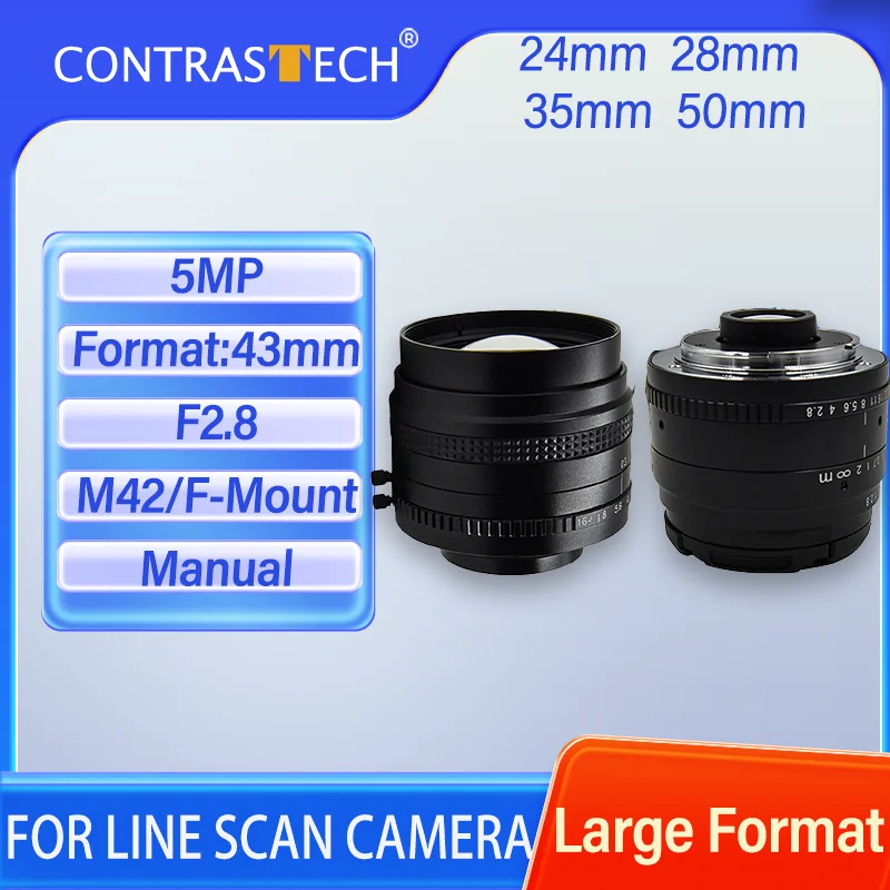 

CONTRASTECH 5MP F2.8-F22 O43mm 30lp/mm EFL24mm 28mm 35mm 50mm F/T Mount M42 Промышленный объектив для камеры линейного сканирования 4K