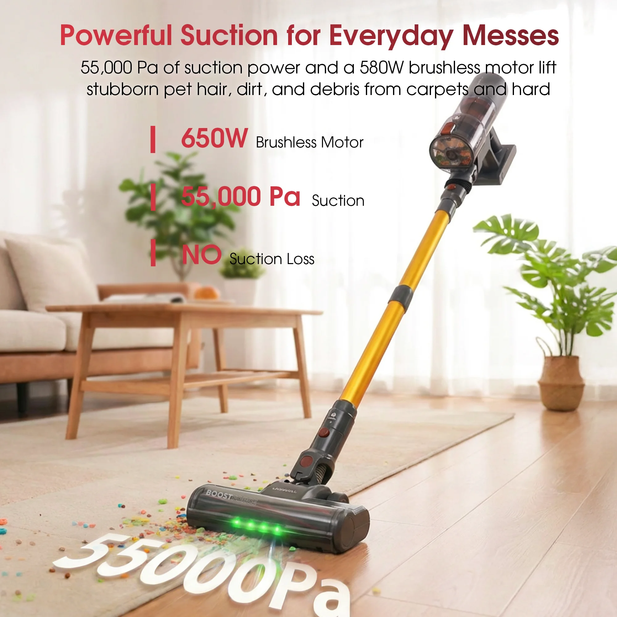UV5 650W Cordless Vacuum Cleaner, 55KPa Strong Suction Handle Vacuum Cleaners , Stick Vacuum with 70Mins Runtime, Anti-Tangle Brush, Vertical Vacuum 1.8L Dustbin for Carpet Hardwood Floor Pet Hair Cleaning