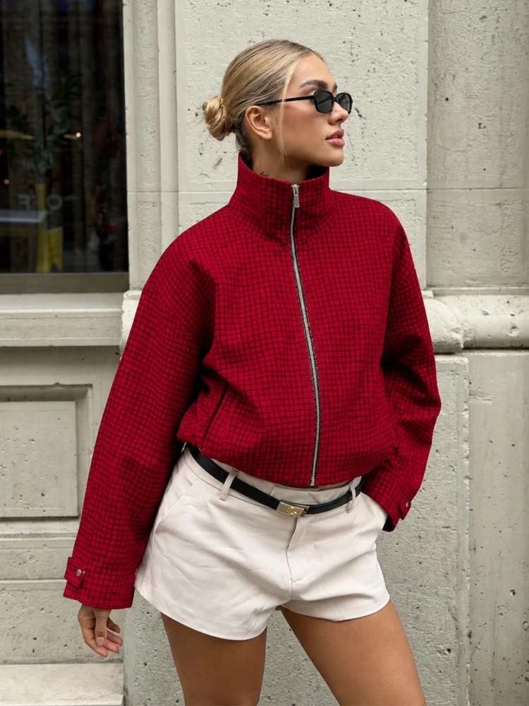 Women'S Fashion Bomber Jacket - HH Fashion Damen Rote Karierte Bomberjacke