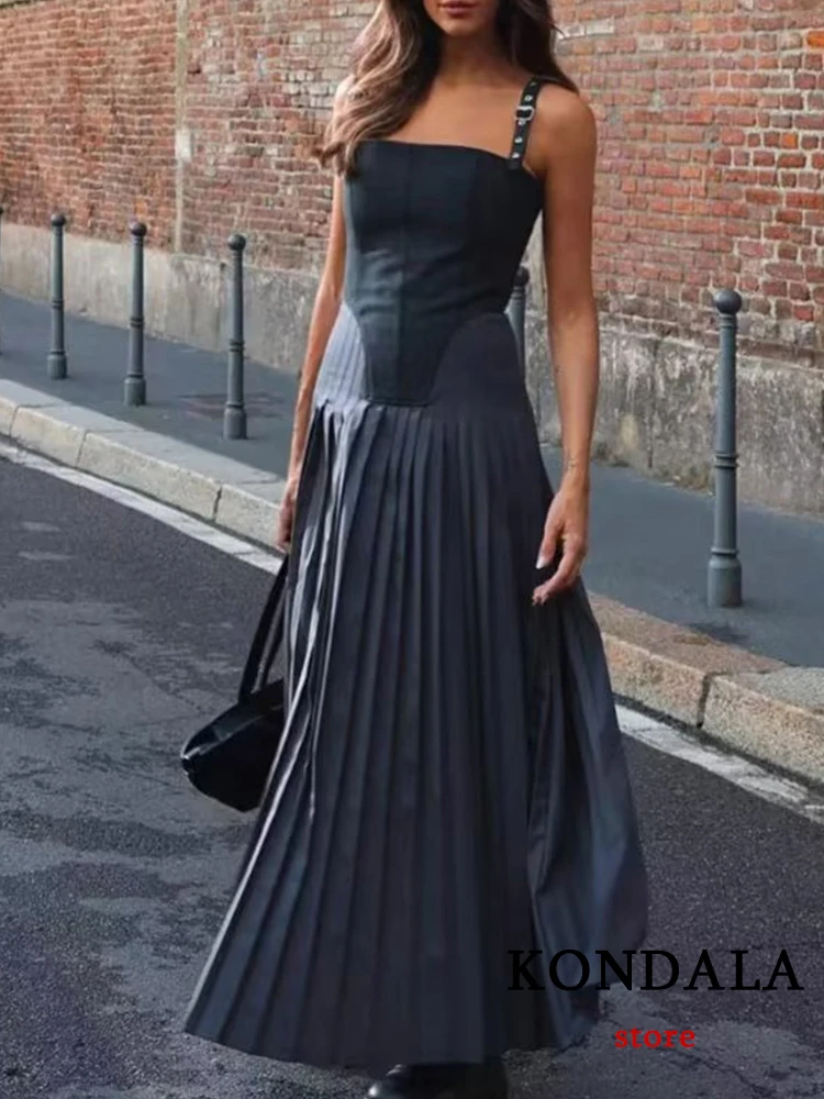 KONDALA Chic Black Strapless Slim Party Dress Silver Buckles Neckline Draped Hemline Flowy Fabric Gown 2023 Autumn Cami Vestido