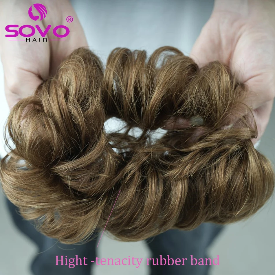 100% Human Hair Bun Real Hair Bun Extensions Natural Hair Brown Hair Messy Rose Bun Wavy Curly Bun Hair Pieces for Women