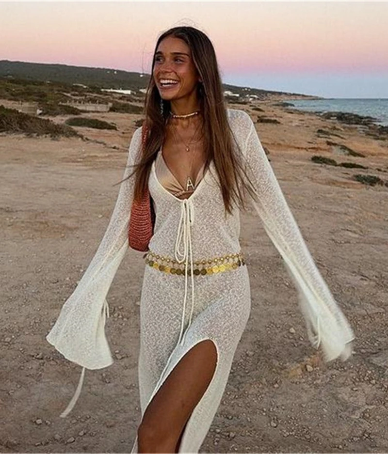 여름 긴 소매 딥 브이 넥 하이 슬릿 니트 드레스 시스루 레이스 업 크로 셰 뜨개질 비키니 커버 업 섹시한 비치 가운 수영복