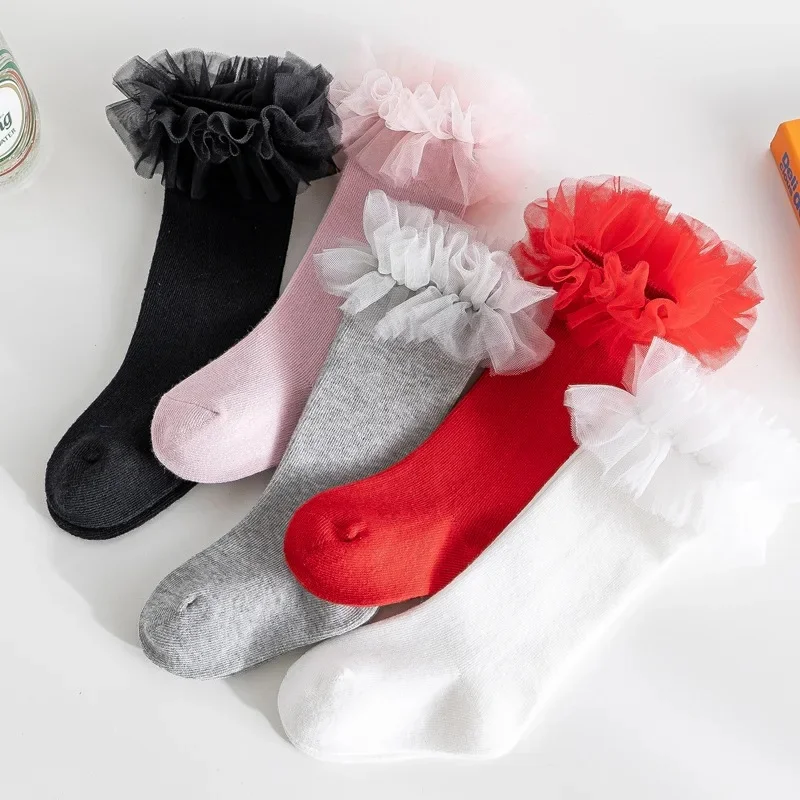 Baby Meisjes Sokken Herfst Winter Peuters Kinderen Knie Hoge Sokken Zachte Katoenen Ruche Mesh Kant Bloembuis Kids Sok Calcetines - afbeelding 2