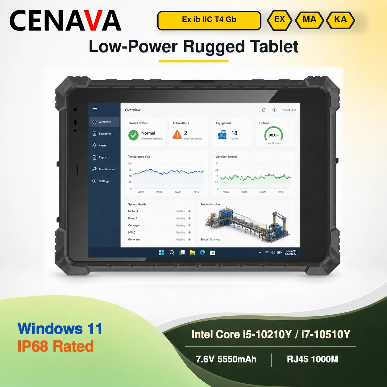 CENAVA Rugged Windows 11 Tablet Intel Core i5/i7 IP68 FHD RJ45 High-Performance Tablet for Inspections Industrial Software