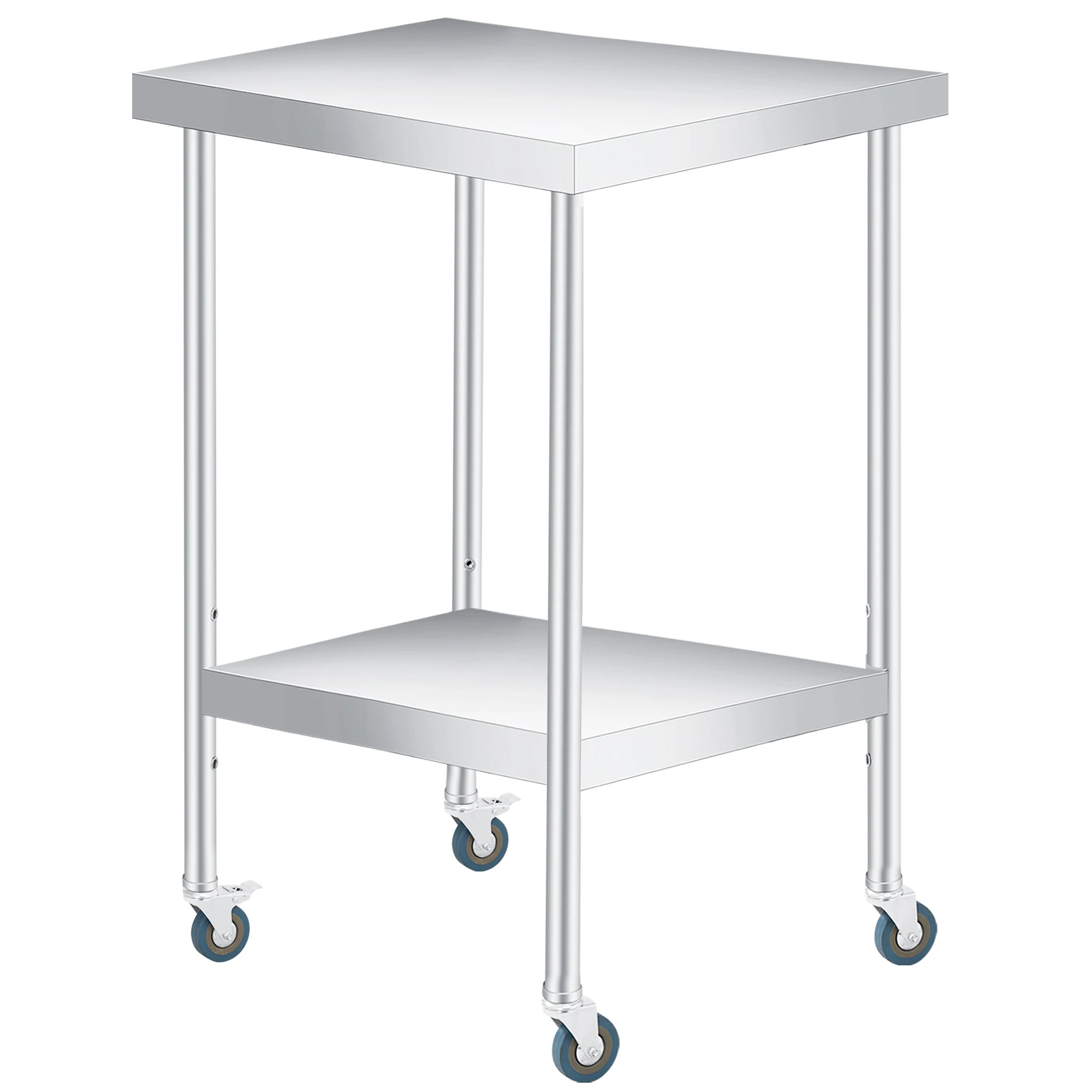 RVS-werktafel met verstelbare onderplank, 2-laags rollende keukenkar met 4 draaibare zwenkwielen met dubbele vergrendeling, robuuste werkbladplank voor thuiskeuken, buitenbarbecue, wasruimte, glad en