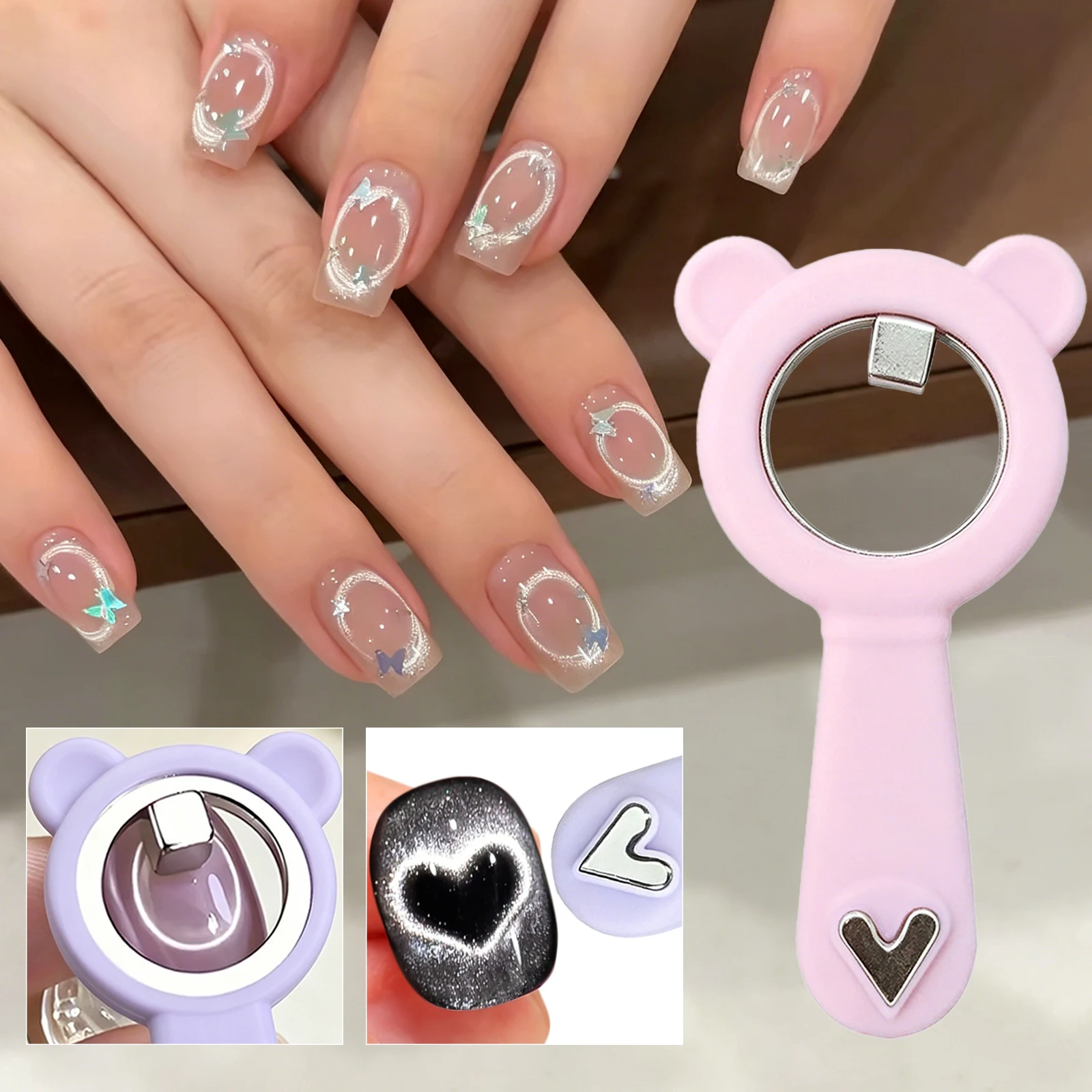 Herramienta magnética fuerte con imán de ojo de gato y anillo de oreja de oso para arte de uñas con gel UV, diseño de corazón y agujero negro, para manicura DIY