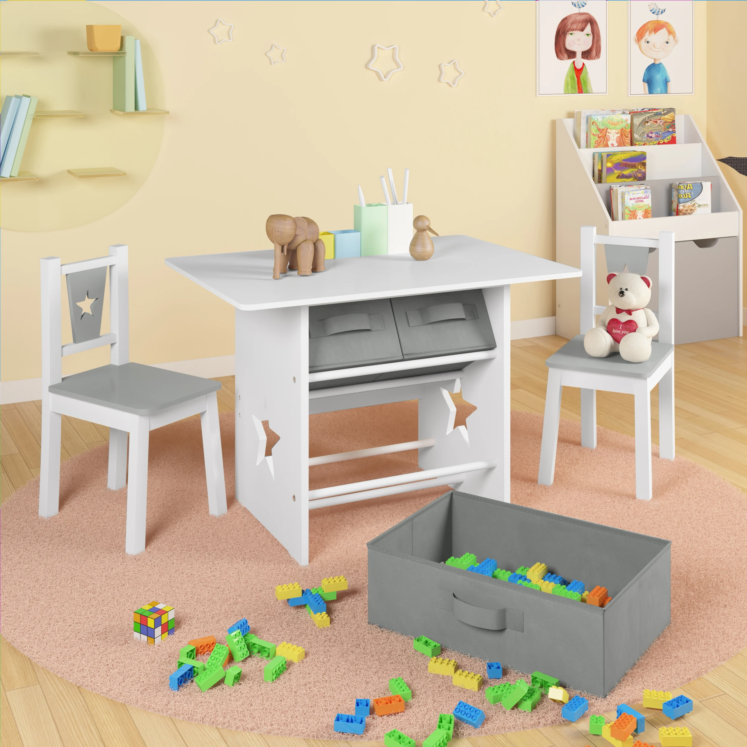 Kids Children's Furniture Set 1 Children's Table  2 Chairs  Kindergarten Home Table with Storage Space Preschool Chairs