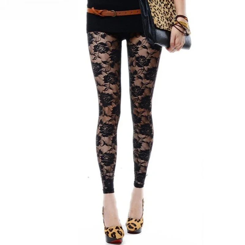 BIVIGAOS nowe letnie kobiety koronkowe róże Sexy legginsy cienkie elastyczne Rose Hollow legginsy Push Up kobiet przezroczysty czarny legginsy — zdjęcie 2