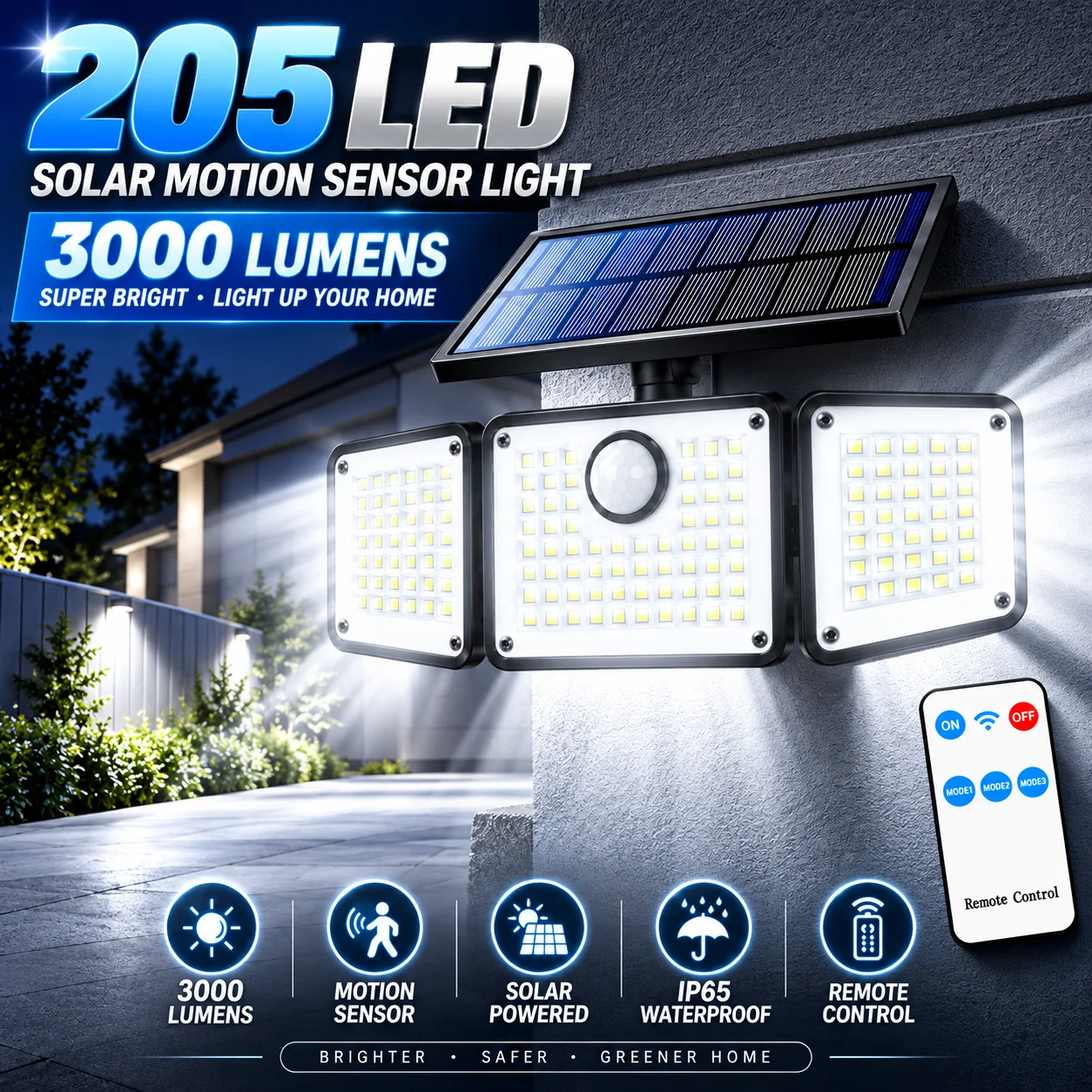 1PCS 205LED Solar Motion Sensor Light with Remote Control, 3000LM 3-Head Outdoor Security Light, 270° Wide Angle, 3 Lighting Modes, IP65 Waterproof Solar Wall Light for Garage, Yard, Patio & Porch