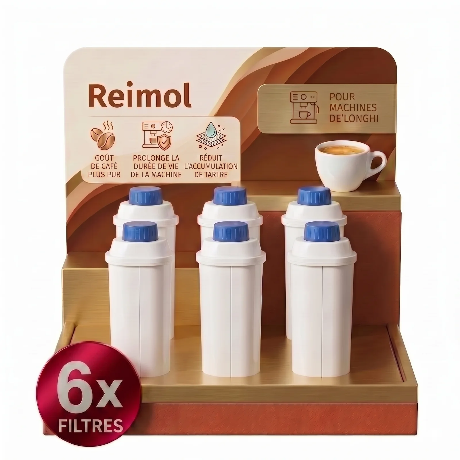 Reimol 6 Pcs Machine à Café Filtres pour Delonghi Magnificas,Dinamica,ECAM,ESAM,ETAM,Primadonna,BCO,EC Serie Machine à café, Cartouches de Filtre à eau pour Delonghi, Adoucir l'eau