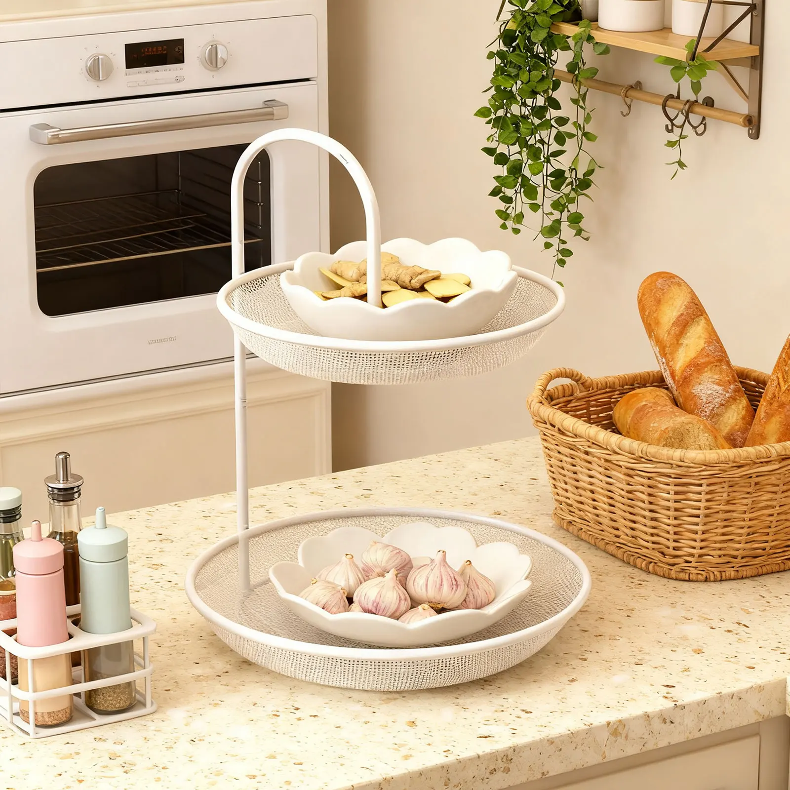 Stylish Wrought Iron Fruit Basket Double Deck Mesh Bowl Organizer Kitchen Fruit Bowls for Neat Counter