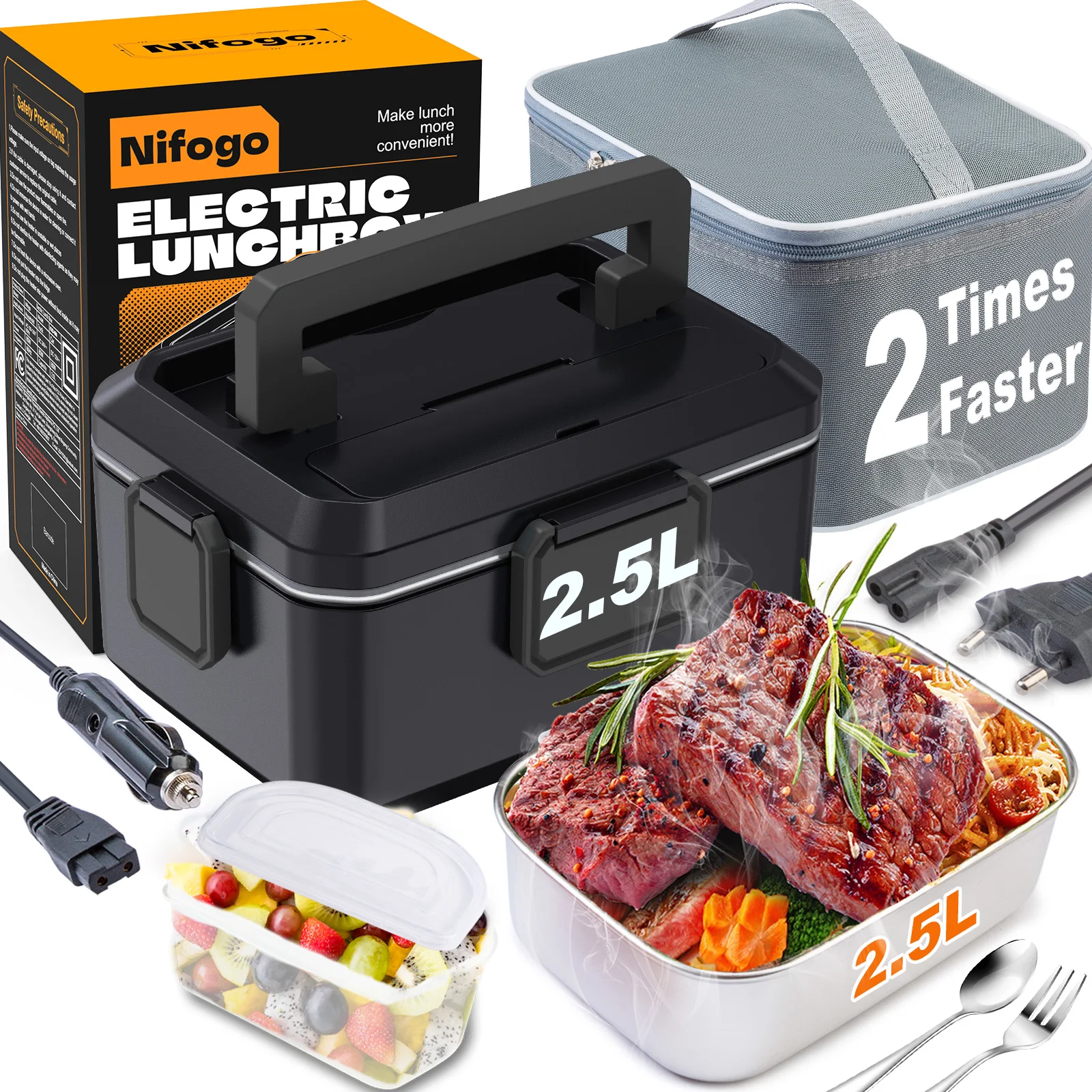 Boîte à déjeuner électrique 80 W 2,5 L boîte à déjeuner portable amovible en acier inoxydable voiture/camion/bureau avec sac isolé (2,5 L noir)