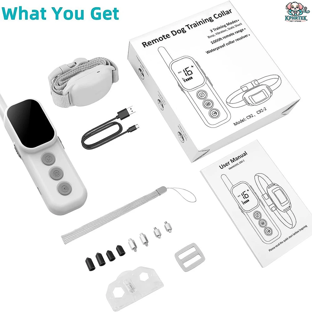 

80 шт. C92S Ошейник для удаленной дрессировки собак с цветным экраном — управление 1000 футов, 3 режима (выступление звучания/вибрация/шоковый), 16 уровней, IP67 Wate