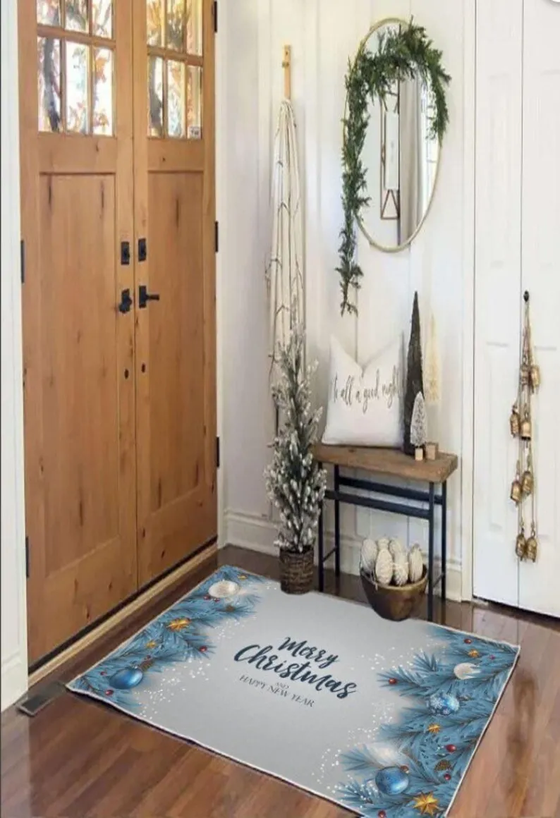 Happy New Year Concept Decorative Carpet, Merry Christmas Snow Themed Cotton Carpet