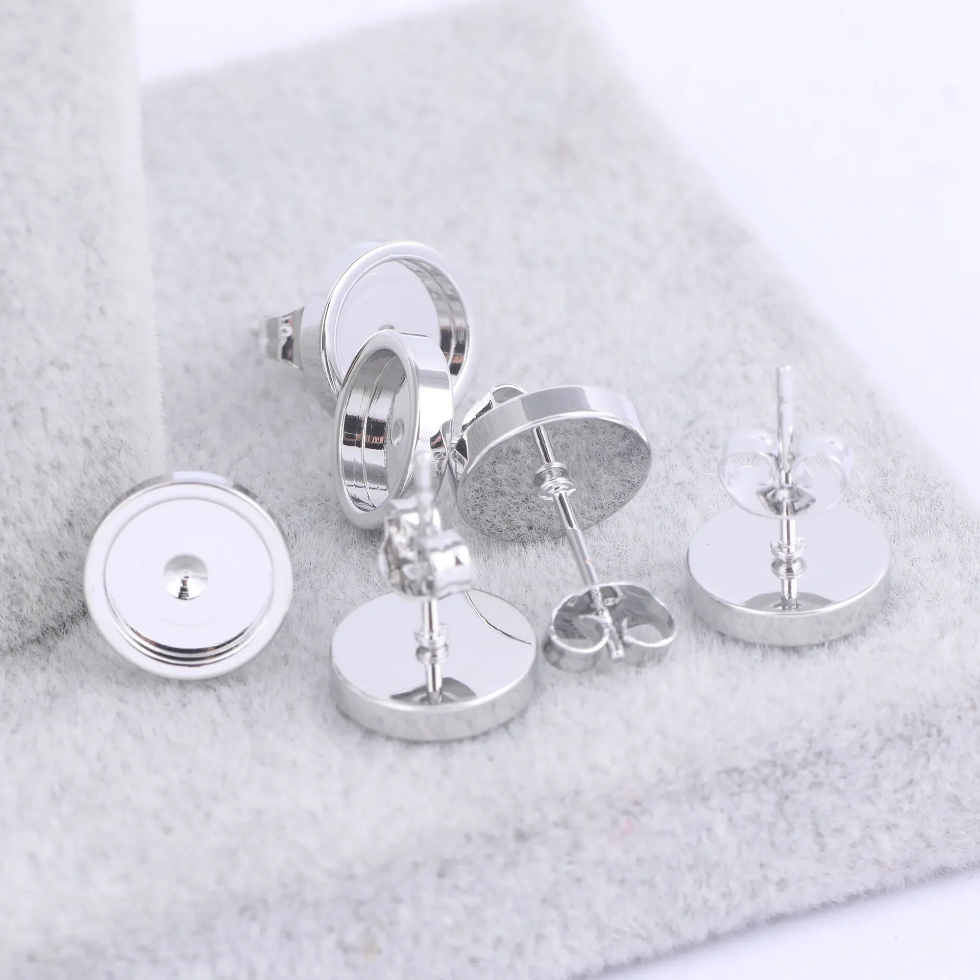 10 sztuk Stud kolczyk baza puste ze stali nierdzewnej srebrny Tone Fit 6mm 8mm 10mm 12mm Cabochon w pełnej oprawie Diy materiały jubilerskie — zdjęcie 2