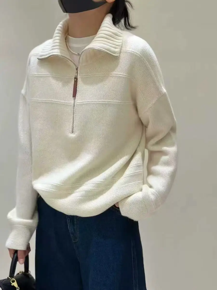 Elegant graceful half-open zipper pure cashmere sweater