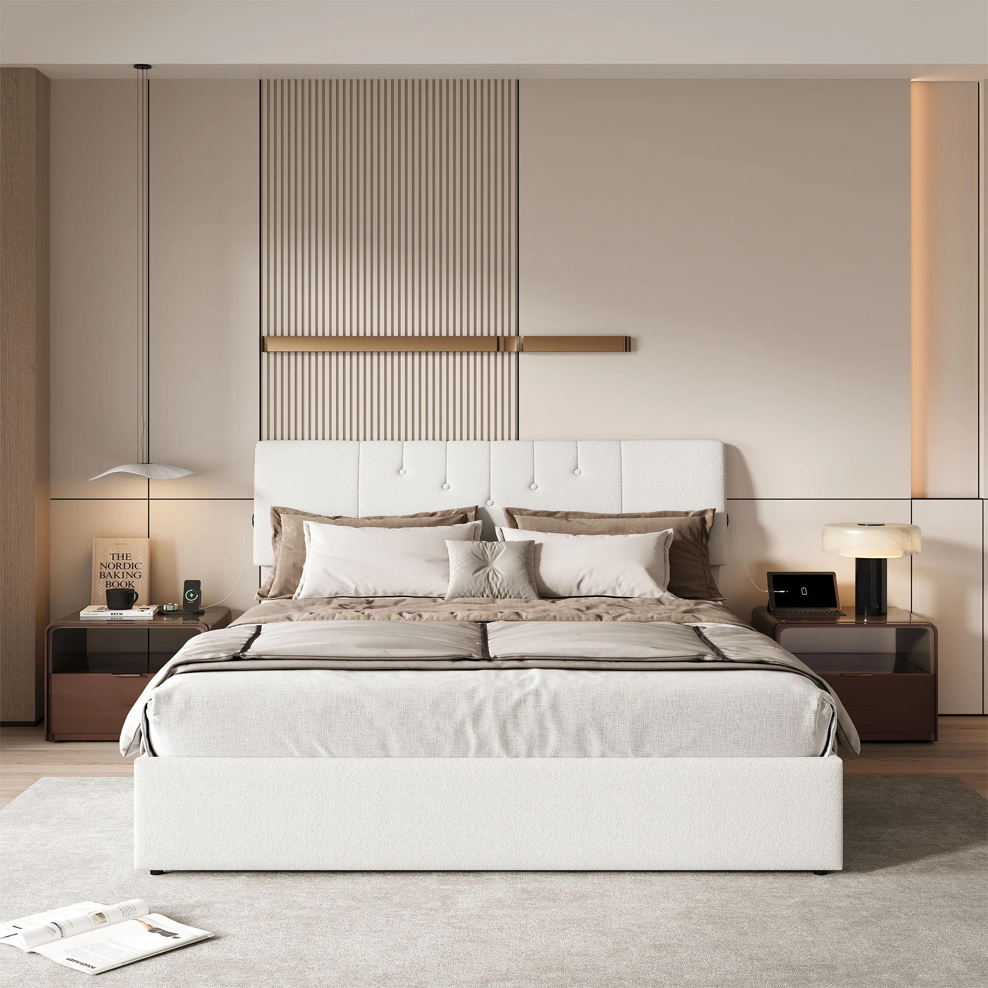 Lit rembourré Comanlai 140 x 190 cm, espace de rangement hydraulique, lit double avec sommier à lattes, sans matelas, blanc cassé