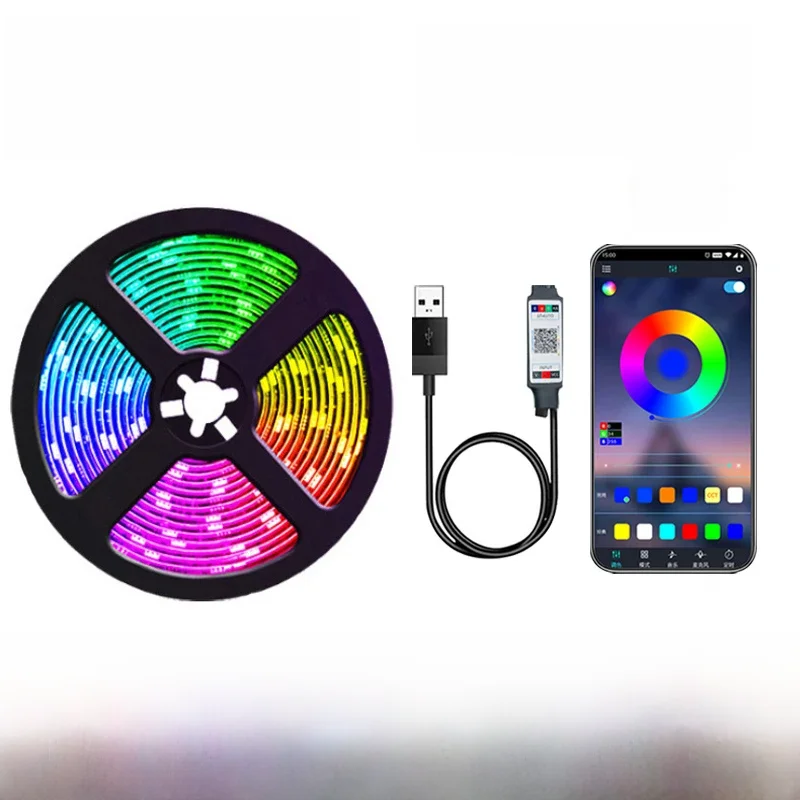 Bande lumineuse flexible à LED avec Bluetooth, lampe, ruban, diode, rétroéclairage TV, USB, RVB, 5050 m- 5m, 5V, 0.5