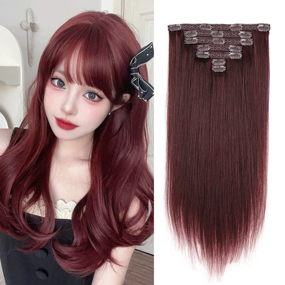 

Human Hair Extensions Full Head Clip In Hair Extensions #99J Burgundy 70g 7Pcs Double Weft Lace Clip In Human Hair Extensions