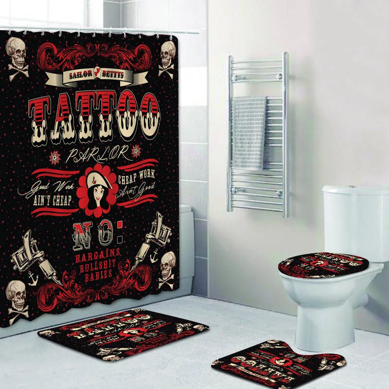 Vintage Punk Style Tattoo Pirate Sailor Bathroom Shower Curtain Set for Bathroom Cool Gun Skull Bath Rugs Halloween Home Decor