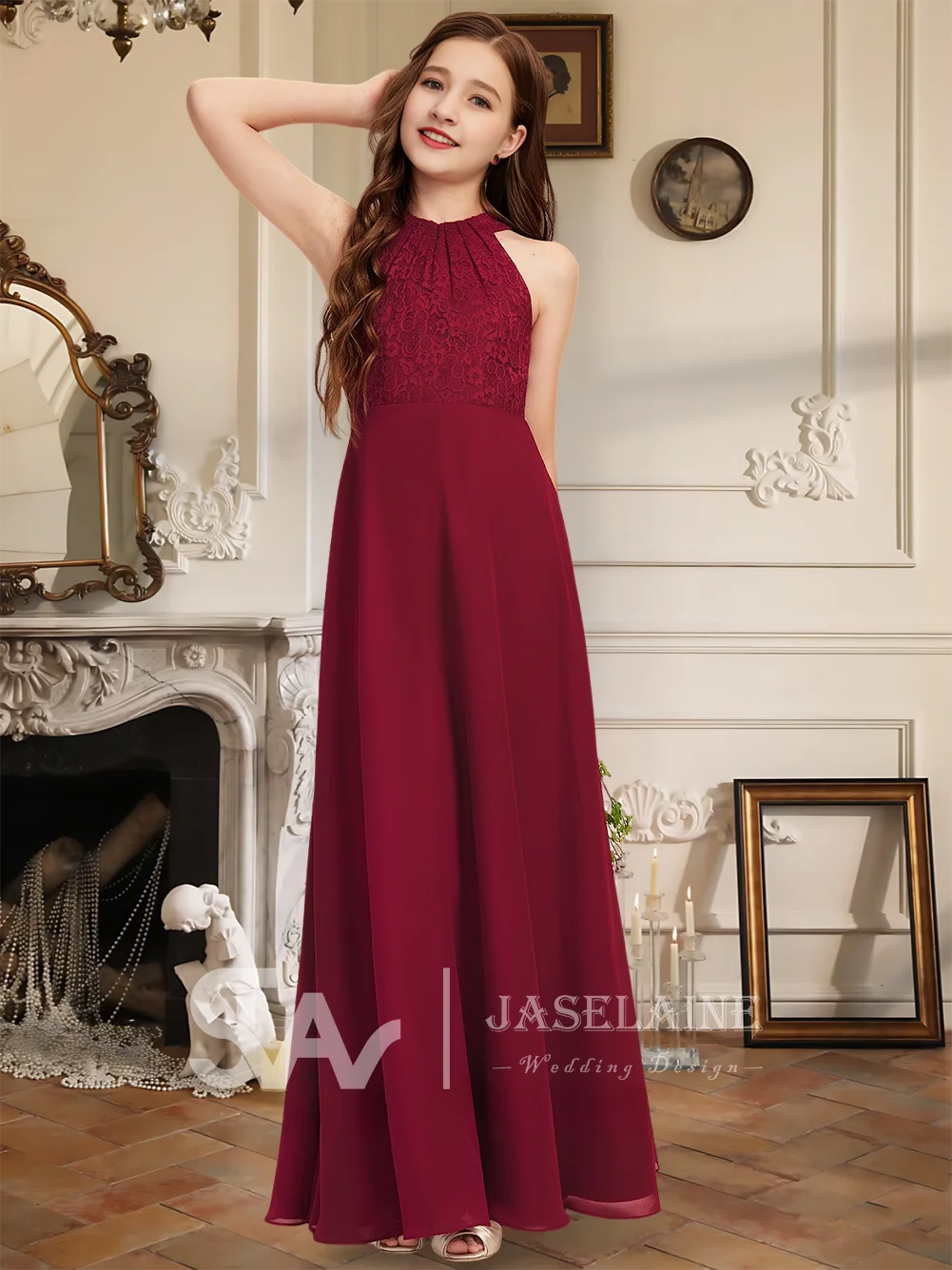 

A Elegant A-Line Halter Floor-Length Chiffon Lace Junior Bridesmaid Dress Flower Girl Dress Girls Party Wedding Formal Occasion