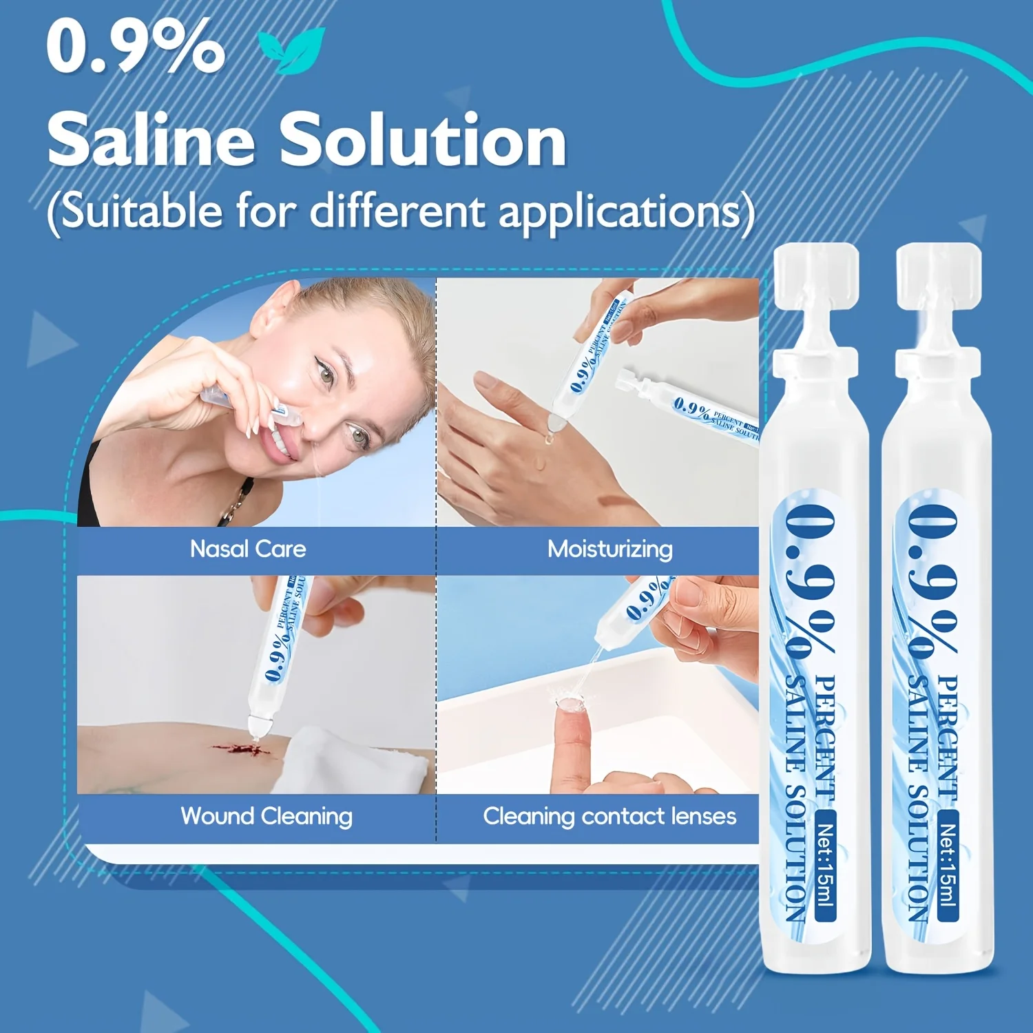 20Pcs 15ml 0.9% Saline Solution Sodium Chloride Physiological Saline, 0.51oz Disposable Isotonic Sodium Chloride for Skin Nose Care And Wound Cleansing Salt Water Cleaning Solution