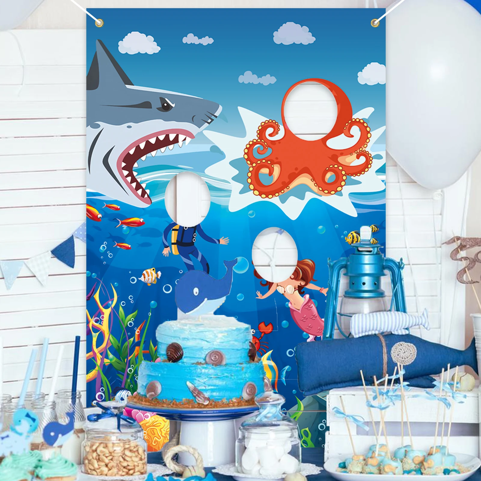 Toile de fond de bannière de photo en polyester vibrant sous la mer, grandes décorations durables de bannière de poulpe de requin petite sirène pour la mer A