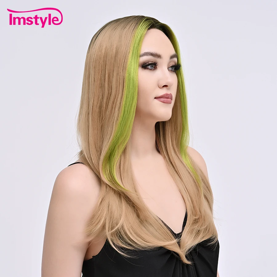 Imstyle Synthetische Kant Voorkant Pruik Blonde Pruik Highlight Groen Steil Haar Middendeel Pruik Hittebestendige Cosplay Pruiken Voor Vrouwen