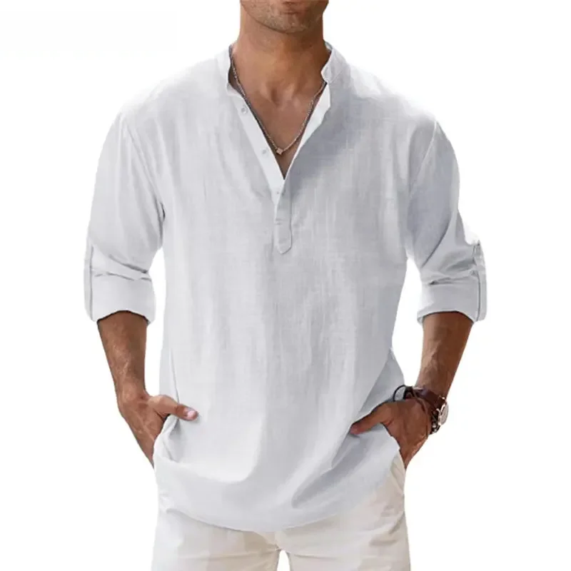 Nowe bawełniane lniane koszule męskie koszule na co dzień lekkie koszule plażowe Henley z długim rękawem hawajskie t-shirty dla mężczyzn — zdjęcie 2