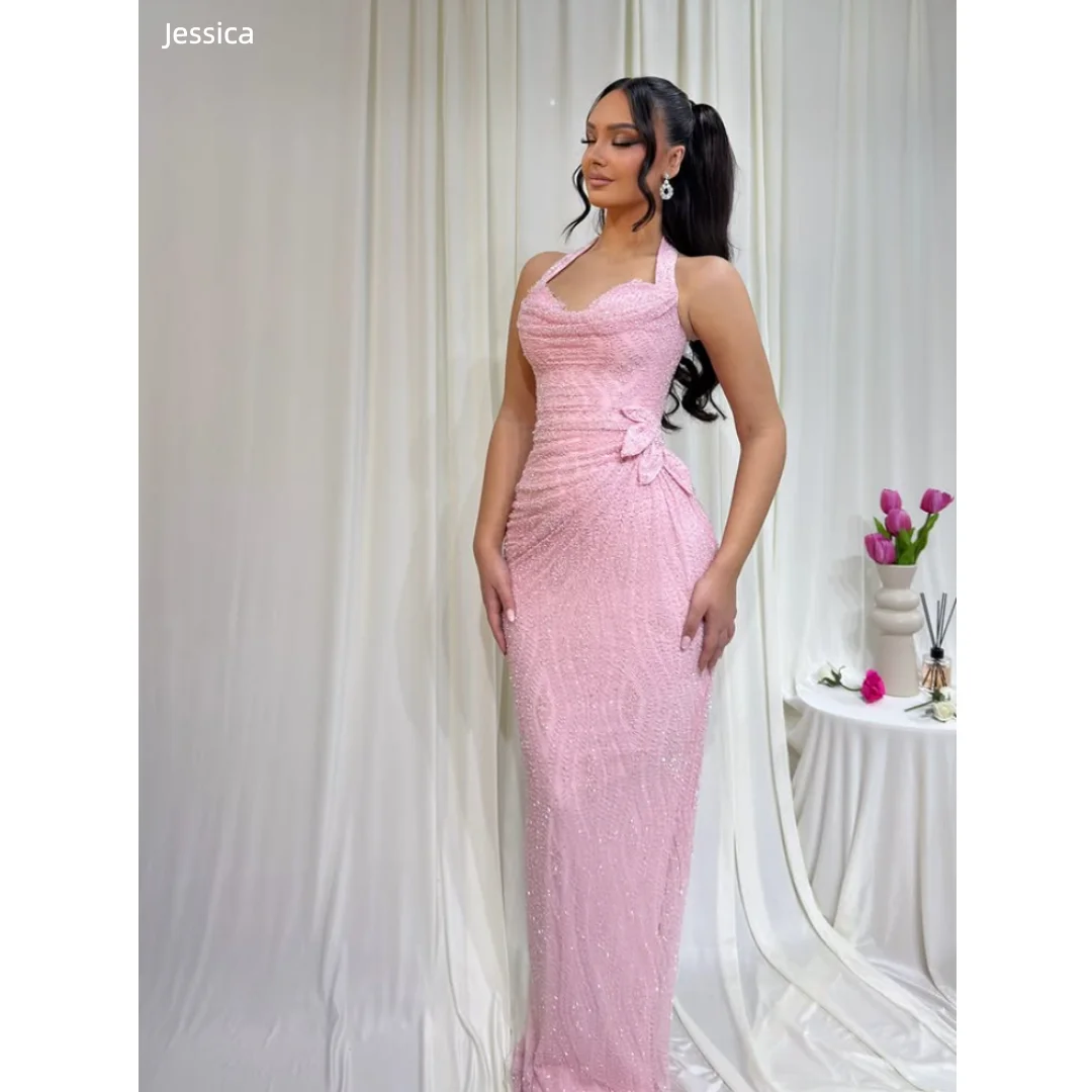 

Вечерние платья Jessica Sweet Pink с бисером и пайетками, выпускные платья с вырезом халтер, стройнящие, в стиле принцесса, для торжественных мероприятий и вечеринок