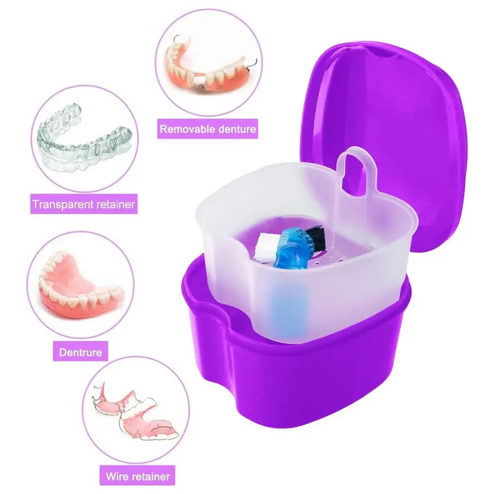 2 Pcs Dental Case False Teeth Bath Box Storage Soak Container with Strainer Basket for RetainersTravel False Teeth Cleaning