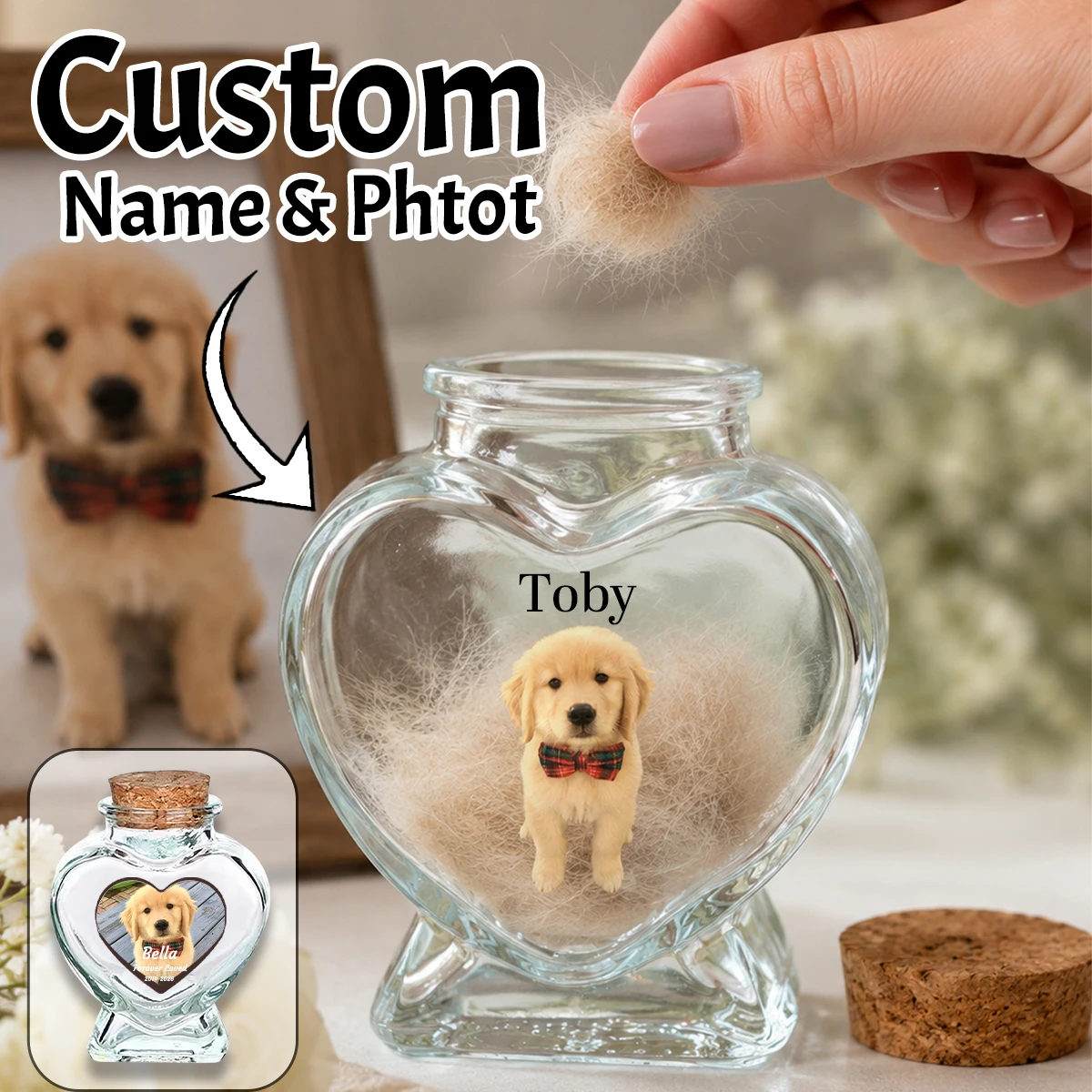 Custom Heart Pet Memory Bottle, Personalized Keepsake Jar, Rustic Home Decor, Customized Photo & Name Pet Hair Storage.