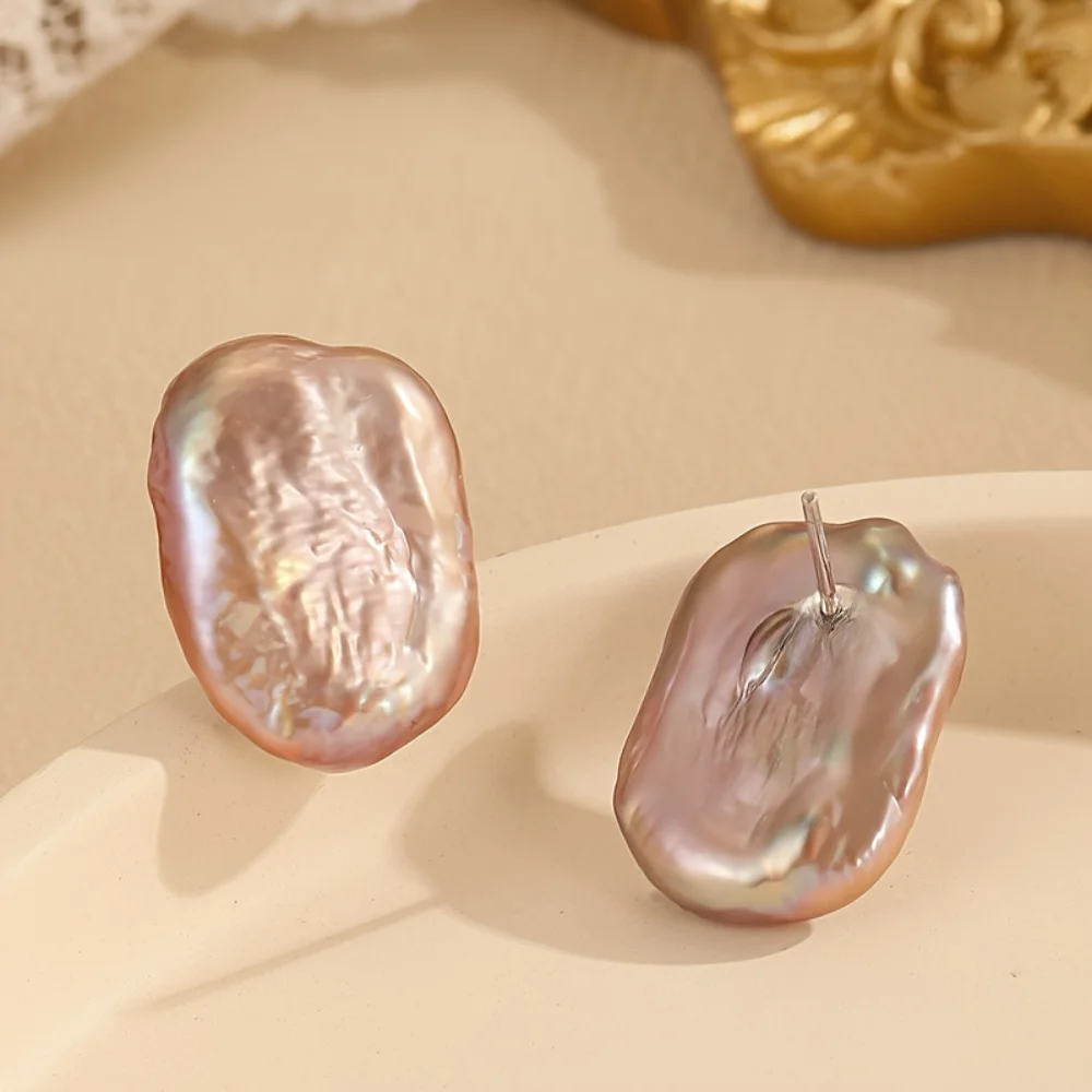 925 Sterling Silver Natural Irregular Freshwater Pearl Baroque Stud Earrings Retro Simple Style Random Colors