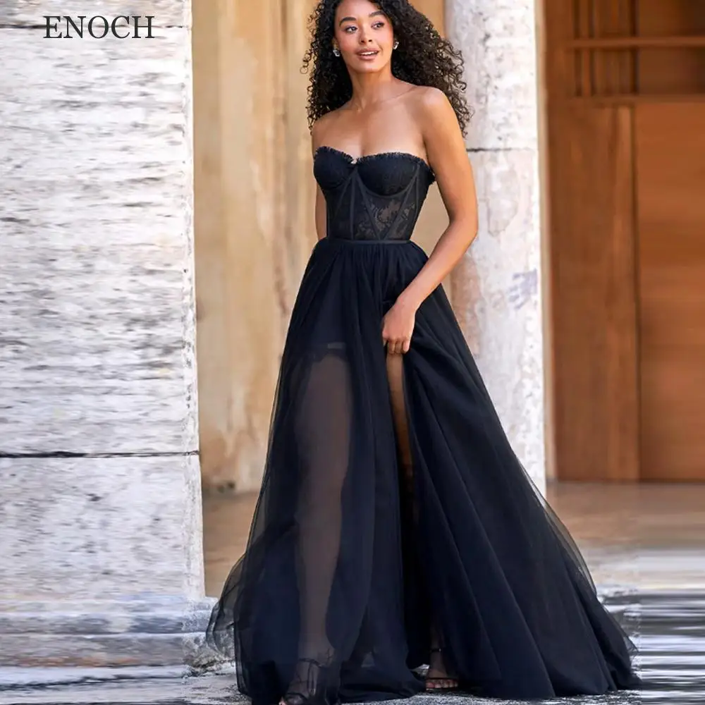 Enoch elegante querida tule vestidos de baile sem mangas rendas apliques vestidos de festa fenda lateral roupões de soirée para mulher 2023