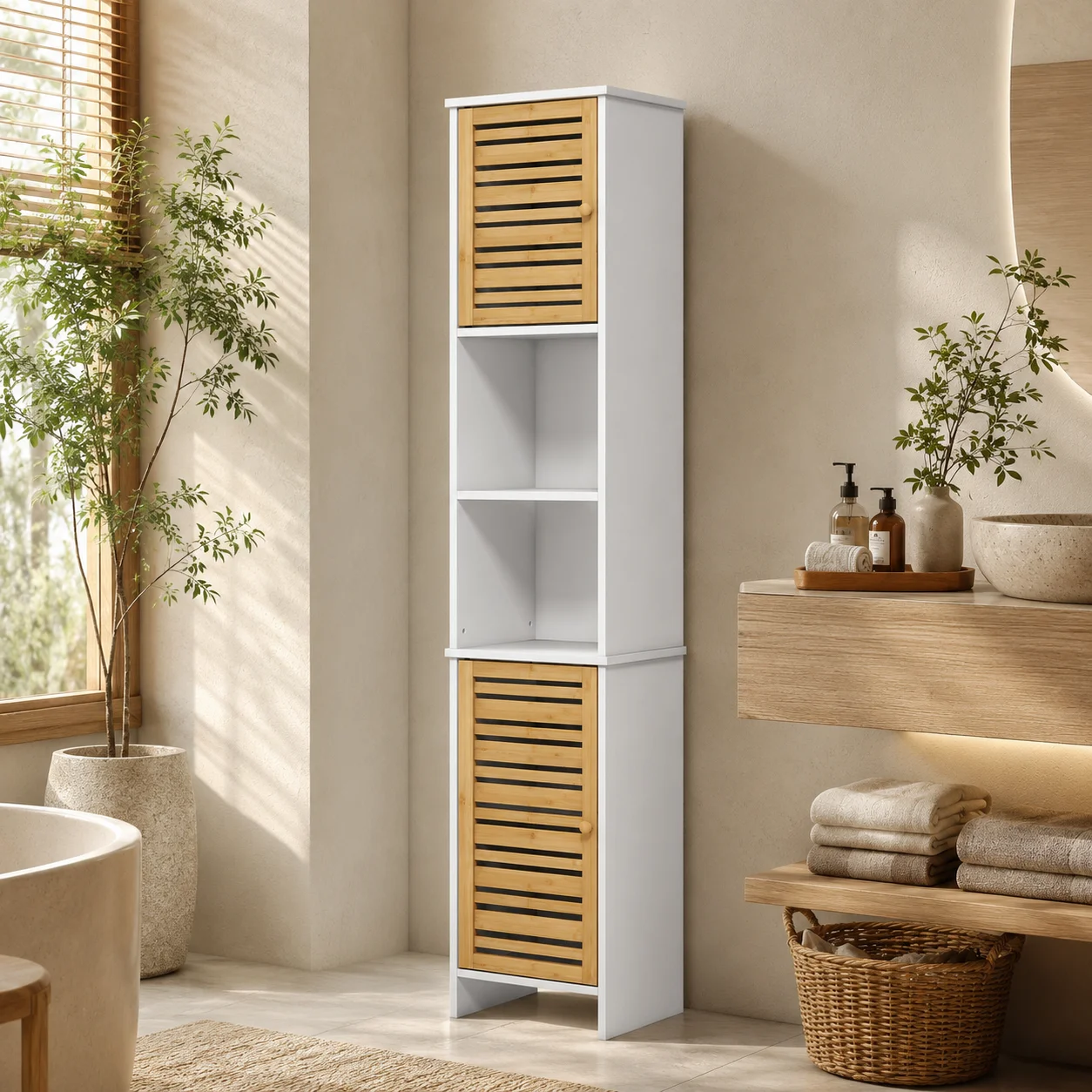 Meuble de rangement de salle de bain avec étagères réglables et portes en bambou anti-basculement 35 x 30 x 170 cm Blanc et naturel
