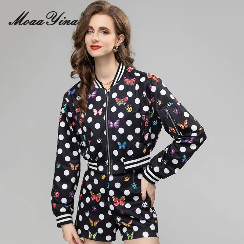 MoaaYina Summer Fashion Designer Vintage Dot Print Shorts Set Women\'s Stand Collar Elastic Jacket+Straight Shorts 2 Pieces Set