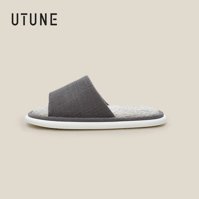 

UTUNE Men's Soft Cotton Linen Slippers - Minimalist Indoor Slip-On Shoes Thick Sole Comfortable for All Seasons Unisex Couples