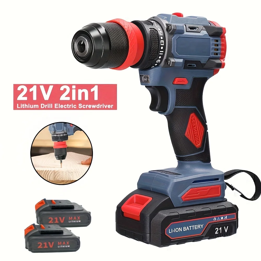Cacciavite elettrico a batteria 21V ricaricabile 2 in 1 trapano a percussione senza spazzole 2 velocità 55N.M utensili elettrici di coppia con 2 batterie