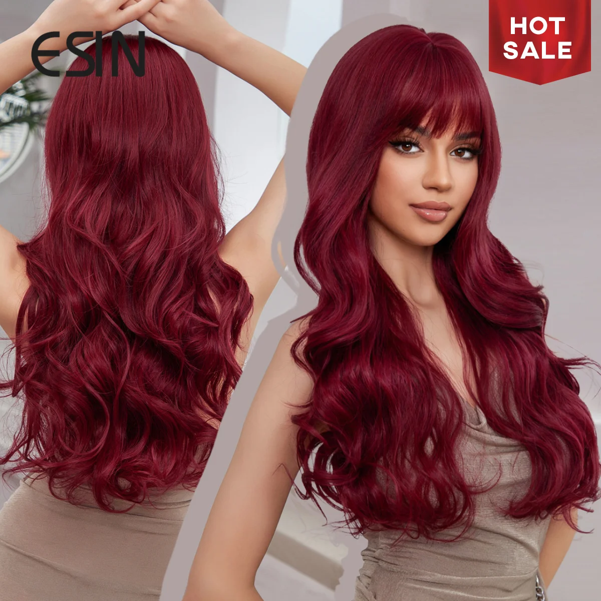 ESIN Synthetic Long Curly Wavy Red Wig with Bangs Fluffy Wigs for Women High Temperature Daily Cosplay Hair