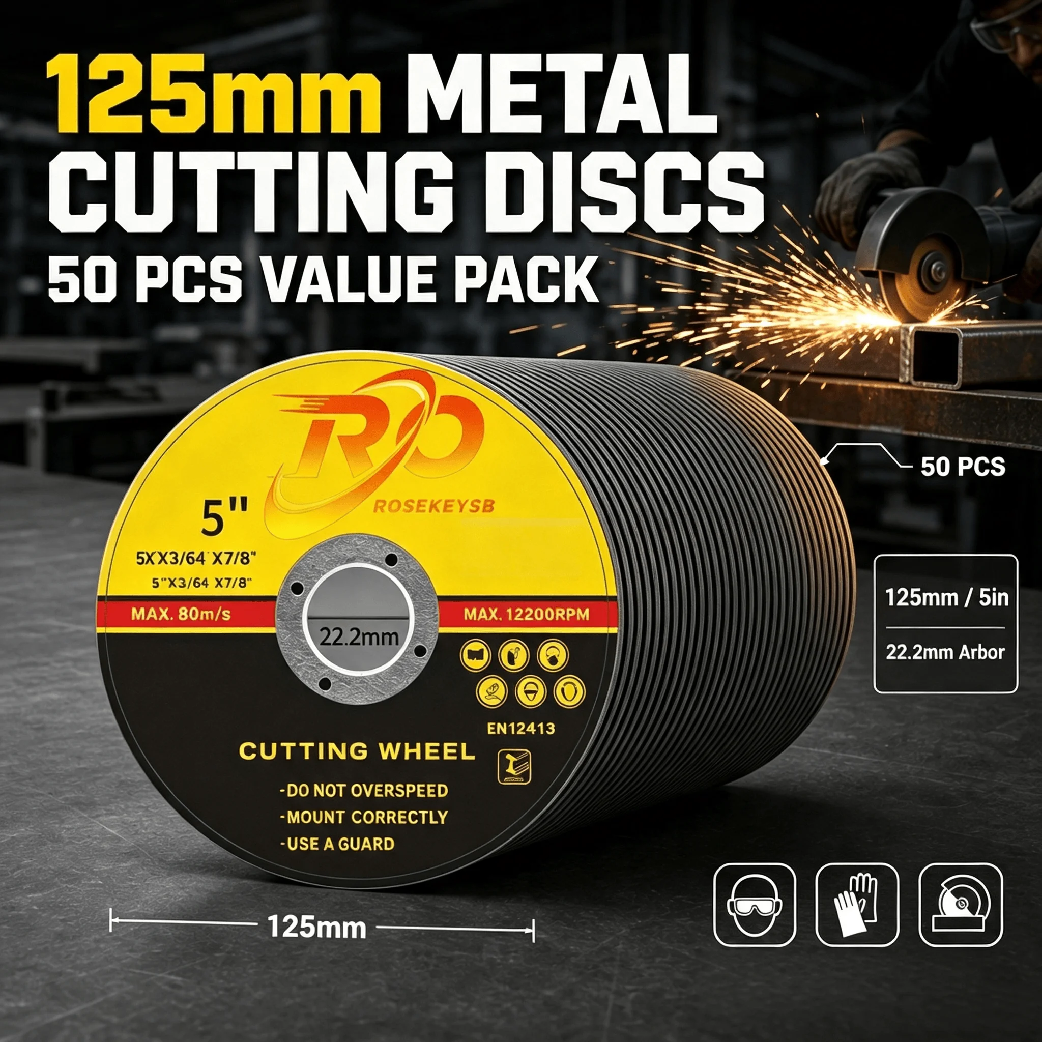 50er-Pack 125mm 5 Zoll Metalltrennscheiben, Dünne Scharfe Trennscheiben 22,2mm Bohrung für Winkelschleifer, Langlebige Trennscheiben für Edelstahl Eisen Metallbearbeitung