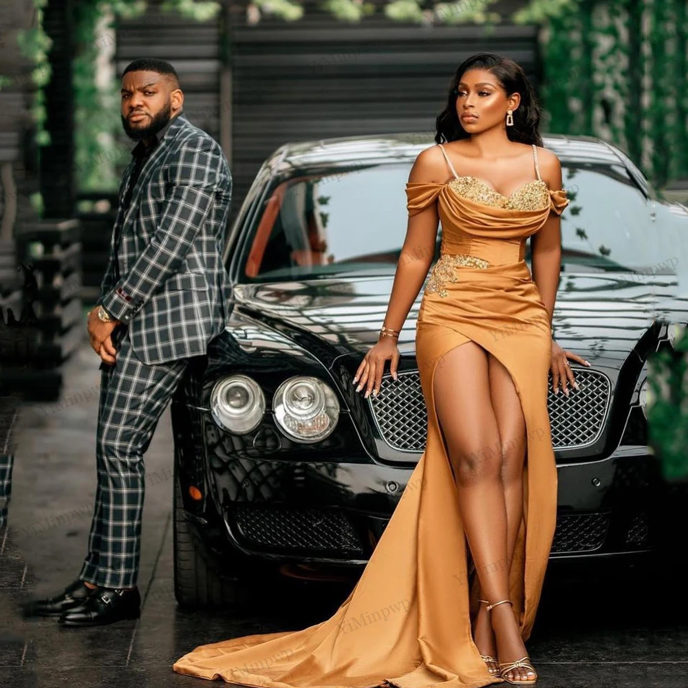 Gold Mermaid Evening Dresses Spaghetti Split Pleats Rhinestone Sequin Beading Long Aso Ebi Women Wedding Party Dress Customized