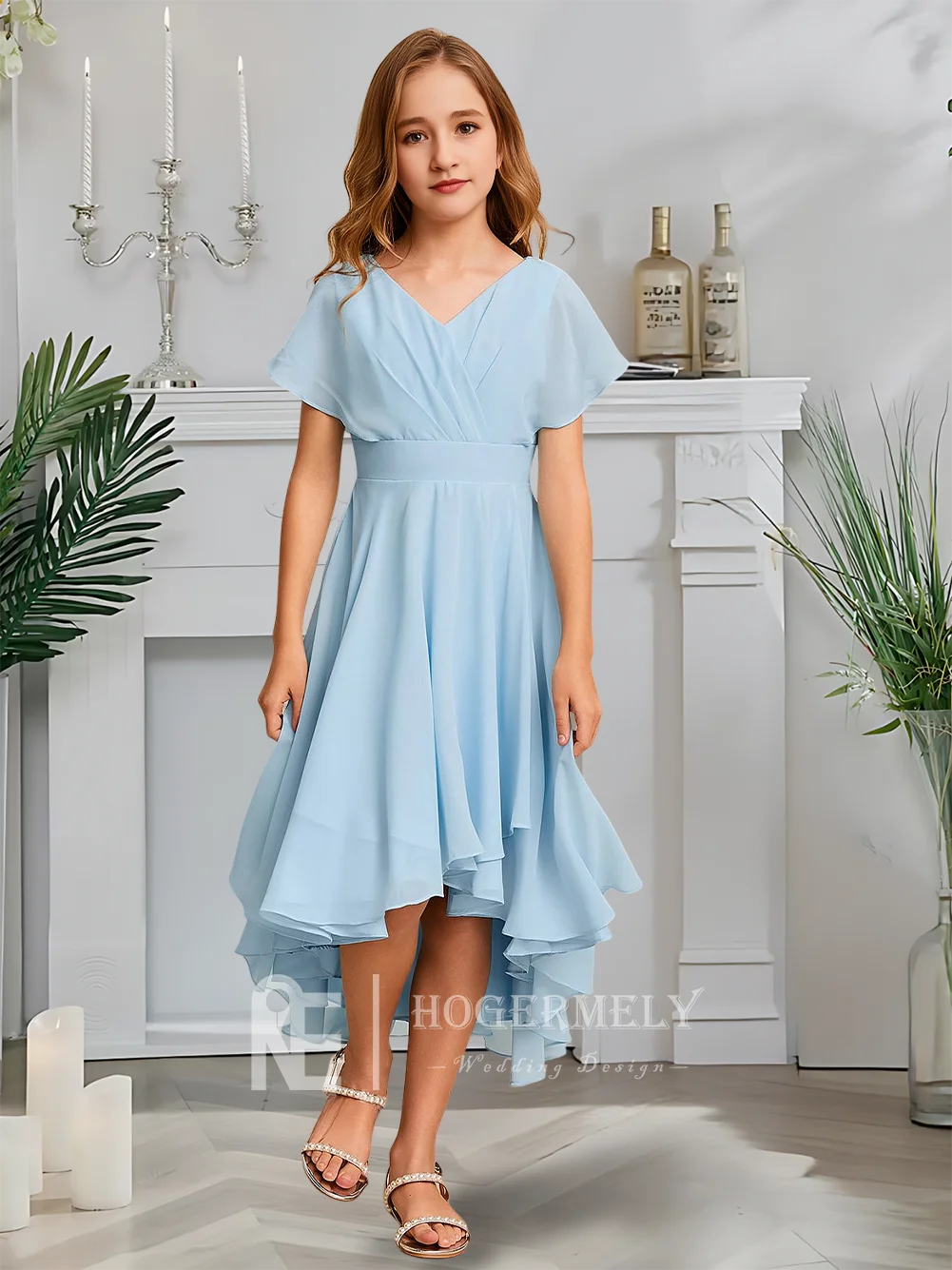 Роскошное платье подружки невесты с v-образным вырезом, небесно-голубое платье с цветочным узором для девочек, асимметричное шифоновое трапециевидное платье, весеннее вечернее свадебное платье