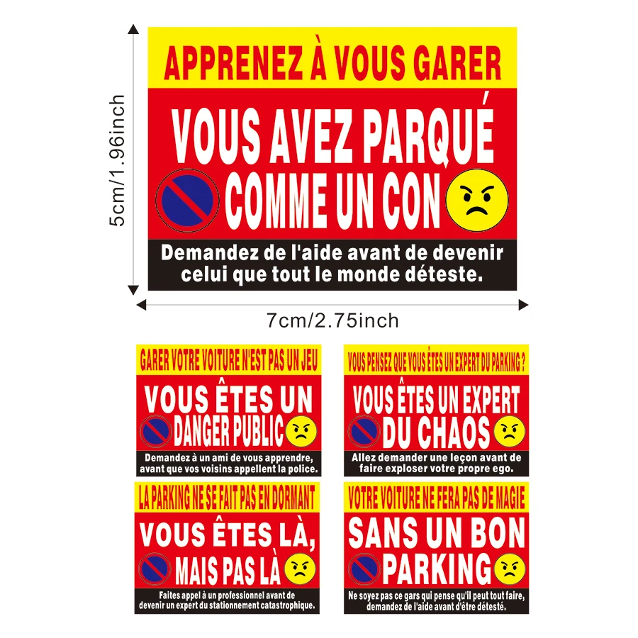 100 Pcs French No Parking Stickers - 5 Satirical Designs, Humorous Paper Labels for Illegal Parking Warning Notices