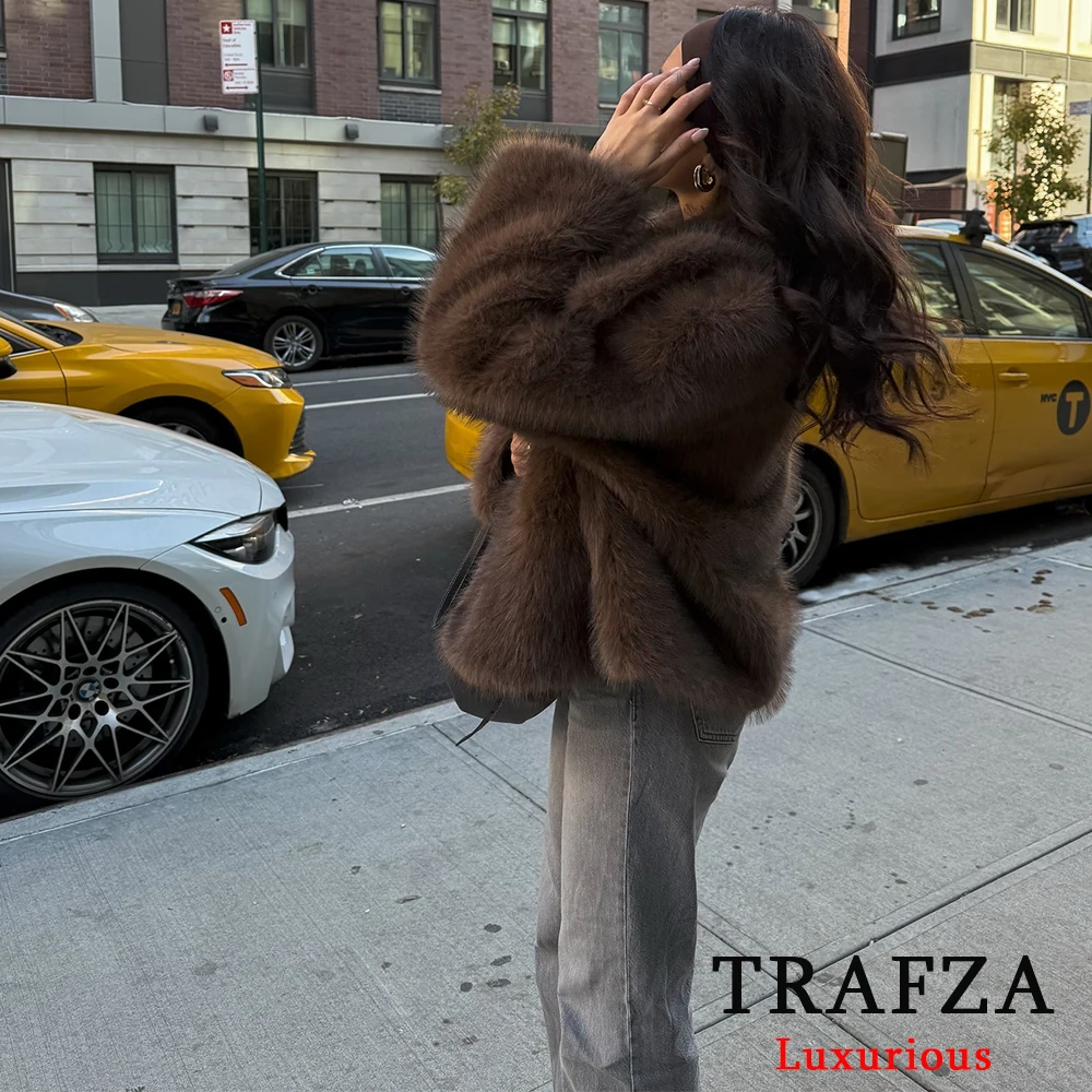 TRAFZA Casual Brown Thick Fur Jackets Women Long Sleeve V Neck Autumn Winter Faux Fur Coats Fashion 2024 Streetwear Outwears