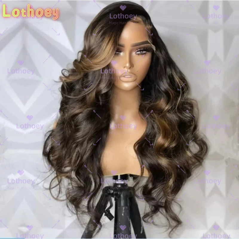 Glueless Brazilian Human Hair Wig - Dark Brown to Honey Blonde Ombre Lace Front with Natural Highlights, Body Wave Texture,Natur