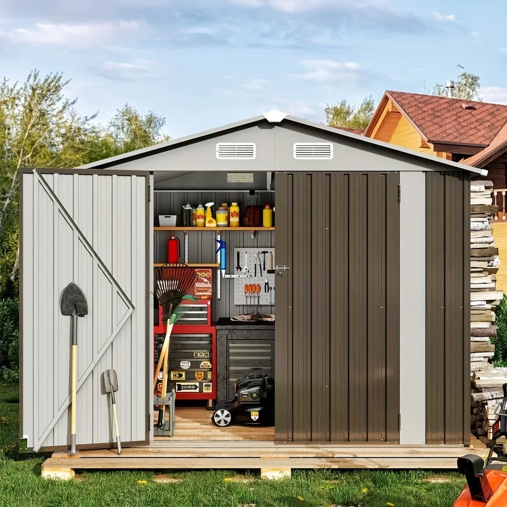 Set, 9 Ft. W X 7.5 Ft. D Gray Metal Storage Shed With Lockable Door And Vents For Tool, Garden, Bike (67 Sq. Ft.)