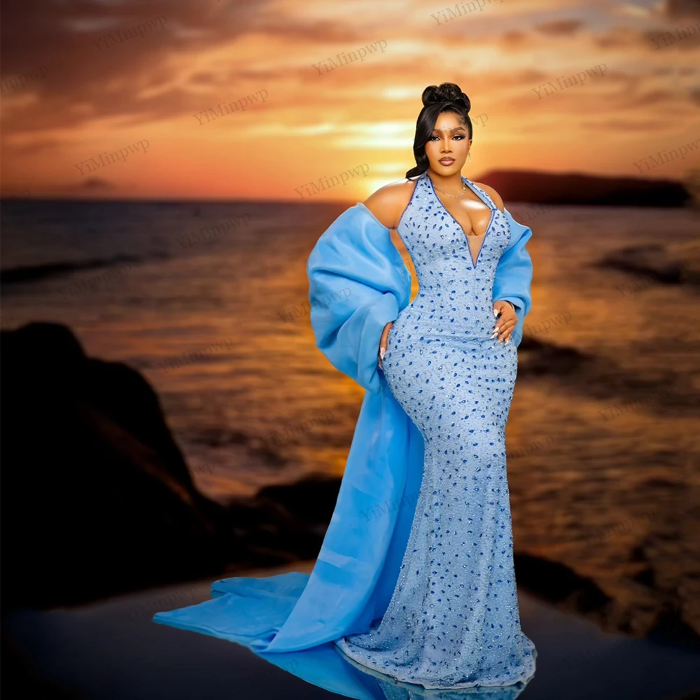 

Luxurious Party Dress Beading Crystals V-Neck Aso Ebi Evening Dresses Customized Mermaid Sky Blue Prom Gowns With Shawls