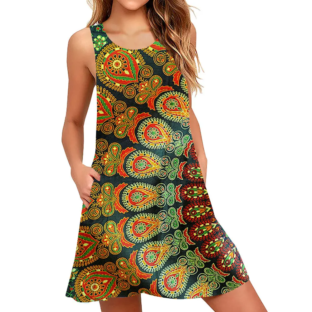 Mini vestido boêmio com decote em o estilo feminino, sem mangas, estampa colorida com bolso, camiseta sexy, moda verão